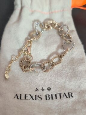 Alexis Bittar Two-Tone Gold and Silver Textured Link Bracelet With Rhinestones